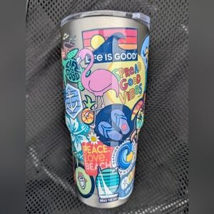 Life Is Good Stainless Tumbler with Pink Flamingo and Colorful Beach Graphics